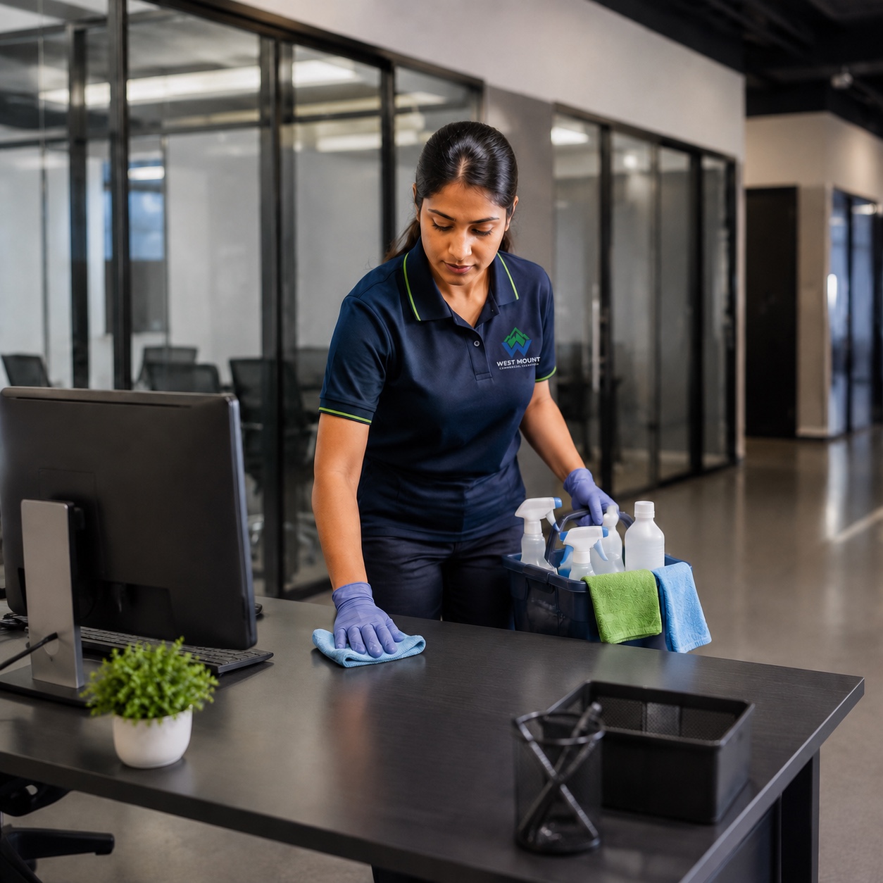 West Mount cleaner servicing a modern office